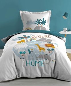 Housse de couette 140x200 + taie Animalia coton - Bleu