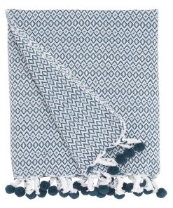 Future Home - Plaid polycoton pétrole et blanc avec pompons 125x150cm - Bleu