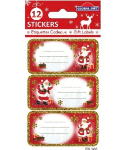 12 étiquettes adhésives de Noël - Père Noël à paillettes dorées - N/A