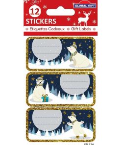 12 étiquettes adhésives de Noël - Cerf Paillettes dorées - N/A