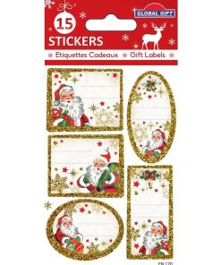15 étiquettes adhésives de Noël - Père Noël à paillettes dorées - N/A