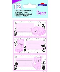 12 étiquettes adhésives scolaires - Rectangle - Chat rose - Dorures - N/A