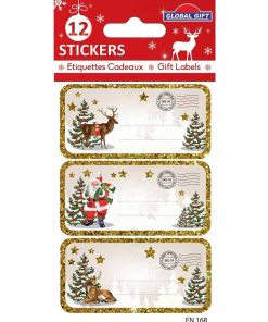 12 étiquettes adhésives de Noël - Cerfs de Laponie et Père Noël - N/A
