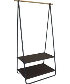 Portant en bois, métal et textilène - Noir, naturel - 1 barre de penderie, 2 étagères - 55x95x171cm - Noir