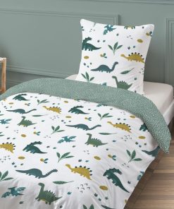 Parure housse de couette + taie d'oreiller 'Dinosaures' - Blanc/Vert