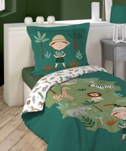 Housse de couette 140x200 + taie Léo l'explorateur coton - Vert