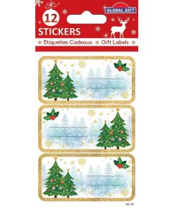 12 étiquettes adhésives de Noël - Sapins à paillettes dorées - N/A