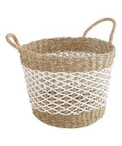 Panier de rangement ajouré avec poignées - Blanc - Paille Naturel - 30x30x30 cm - Beige