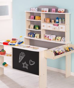 ROBA Marchande en Bois + Caisse Enregistreuse avec Microphone et Autres Accessoires - Blanc/Gris - N/A