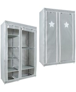 Armoire de rangement à 2 penderies et 6 compartiments en tissu - 'ROBA' Little Stars - Gris Vert
