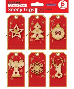 6 étiquettes cadeaux de Noël - Rouge et paillettes dorées - N/A