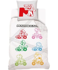 Housse de couette Mario Kart Rainbow et Taie D'Oreiller - 100% Coton - Blanc