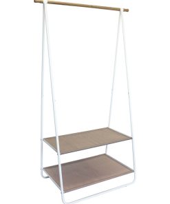 Portant en bois, métal et textilène - Blanc, naturel - 1 barre de penderie, 2 étagères - 55x95x171cm - Blanc