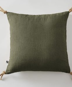 Coussin pompons lin lave Collection Soline - Kaki
