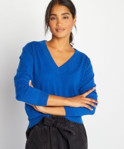 Pull en maille à col V - bleu