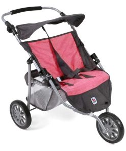 Poussette Jogger 3 roues pour poupées jumelles, anthracite rose - N/A