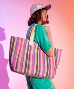 Sac cabas 'rayé' - Beige/rose