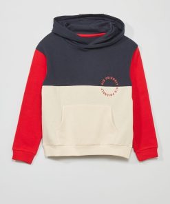 Sweat à capuche colorblock et message fantaisie - Bleu/rouge/ecru