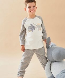 Pyjama 2 pièces éléphant en velours, écru/gris clair - Gris