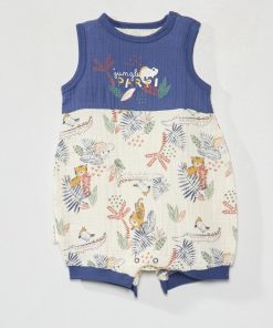 Barboteuse en gaze de coton 'Petit Beguin' - bleu/écru