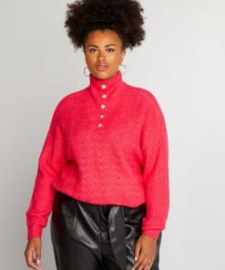 Pull maille ajourée et col camionneur - Rose
