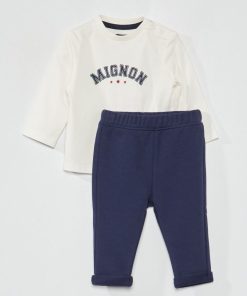 Ensemble tee-shirt imprimé + pantalon french terry - Blanc/marine