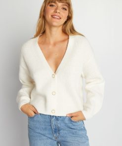 Gilet maille grosse jauge et boutons fantaisie - Blanc