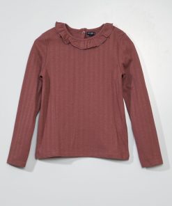 T-shirt manches longues à col volanté - Rose