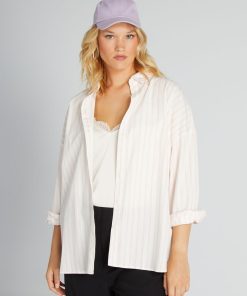 Chemise longue col italien - Blanc/rose
