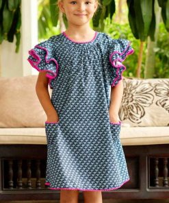 Robe manches papillon  palmiers  BUTTERFLY - 'LA FAUTE A VOLTAIRE' - Bleu