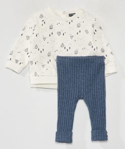 Ensemble sweat imprimé + legging côtelé - Bleu