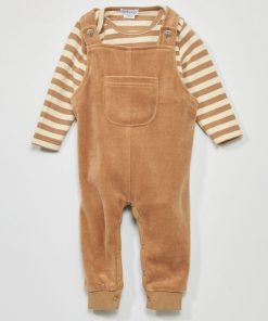 Ensemble salopette en velours + body manches longues - 2 pièces - Beige