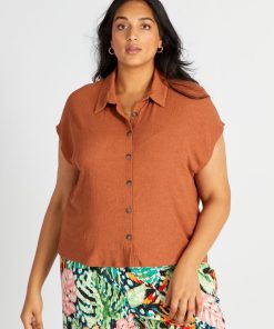 Chemise en maille crêpe et manches extra-courtes - Marron glacé