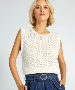 Débardeur pull en maille crochet - Beige