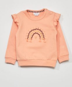 Sweat en molleton imprimé avec volants aux épaules - Rose