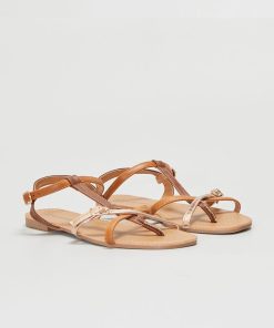 Sandales plates avec brides effet tong - Marron