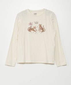 Tee-shirt en jersey à manches longues - Blanc crème