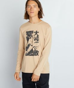 T-shirt à col rond manches longues - Beige