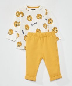 Ensemble tee-shirt imprimé + pantalon french terry - Blanc/jaune