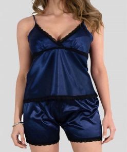Ensemble pyjashort fines bretelles en satin Kebello - Bleu marine