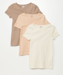 Lot de 3 t-shirts en maille pointelle - Beige/rose/gris