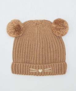 Bonnet en maille avec pompon - Marron