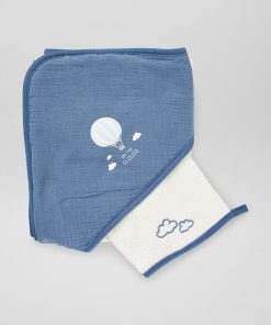 Cape de bain + gant de toilette - 2 pièces - Bleu/blanc