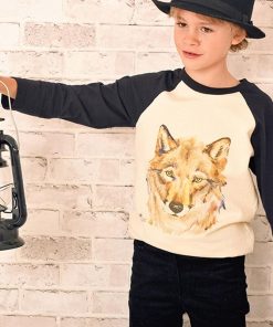 Sweat-Shirt Beige Garçon imprimé Loup THE WOLF - 'LA FAUTE A VOLTAIRE' - Noir Beige