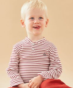 T-shirt henley longues manches rayé, écru/rouge brique - Blanc