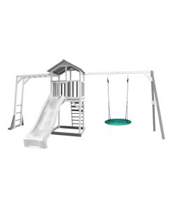 Beach Tower avec échelle de singe, 1 balançoire nid "Summer" et toboggan bleu - Blanc