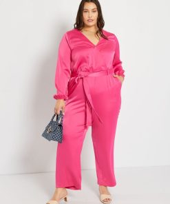 Combinaison satinée encolure V - Rose