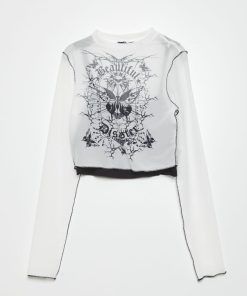 T-shirt cropped résille transparente - Blanc/noir