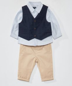 Ensemble chemise + gilet de costume + pantalon - 3 pièces - Bleu/beige