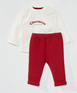 Ensemble tee-shirt imprimé + pantalon french terry - Blanc/bordeaux